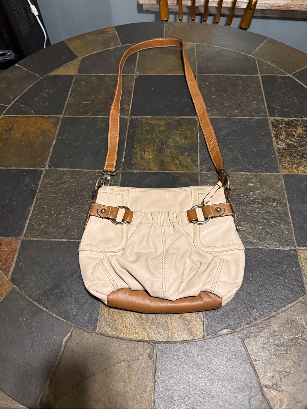 Tignanello Cream Shoulder Bag with Tan Leather Trim